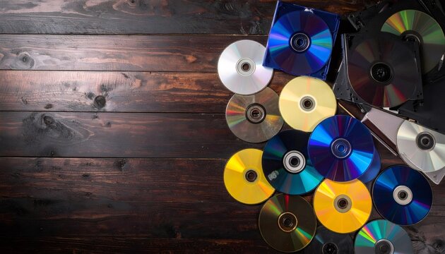 Stack of old compact discs on wooden background