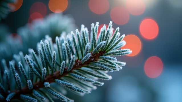 Close-up of frost-covered pine needles, each needle sparkling like an individual crystal, blurred colorful lights in the background, macro