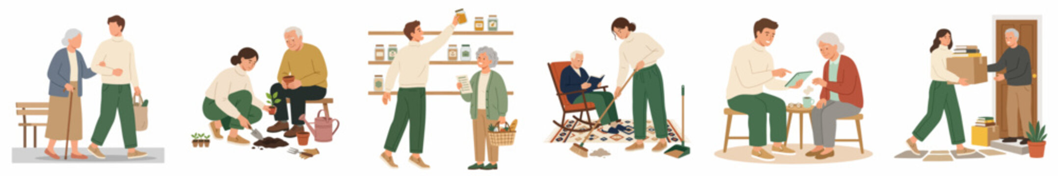 Set of illustrations depicting young volunteers assisting senior citizens with daily tasks like gardening, shopping, cleaning, and technical support in a flat style.