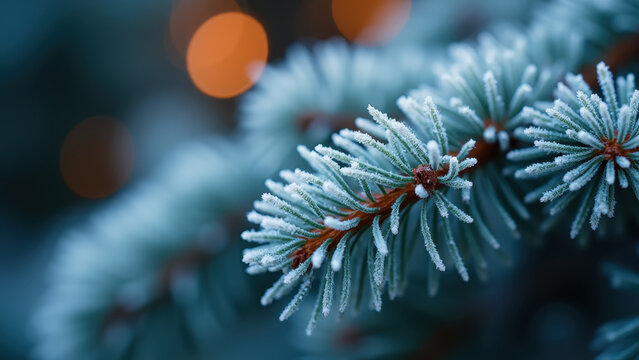 Close-up of frost-covered pine needles, each needle sparkling like an individual crystal, blurred colorful lights in the background, macro