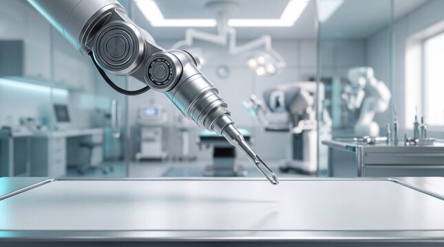 Robotic surgical arm hovering above a metal table inside a modern sterile operating room environment with positioned over clean tech medical facility metal surface