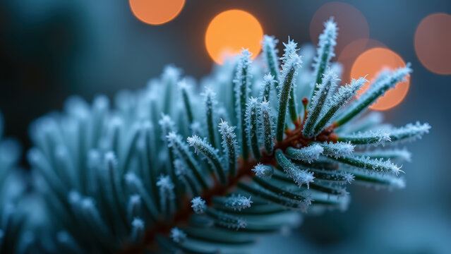 Close-up of frost-covered pine needles, each needle sparkling like an individual crystal, blurred colorful lights in the background, macro