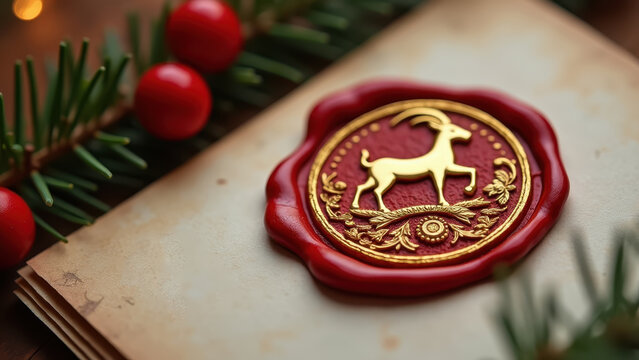 Embossed golden goat emblem on a wax seal atop a New Year's greeting card, pine branch and berries beside it