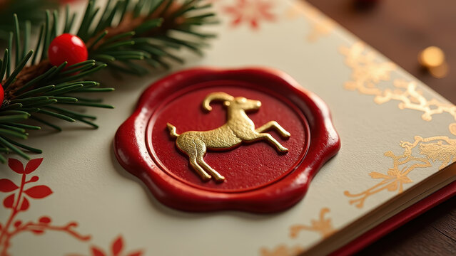 Embossed golden goat emblem on a wax seal atop a New Year's greeting card, pine branch and berries beside it