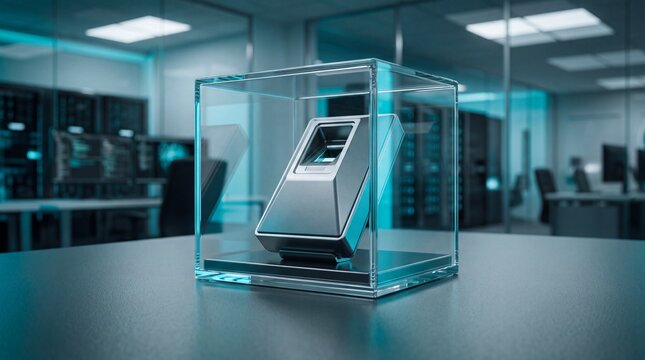 Biometric fingerprint scanner device displayed inside a clear glass protective case in a server room with sits inside transparent secure server facility transparent box desk