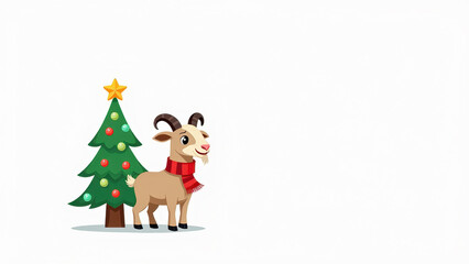 Naklejka premium Illustration of a goat wearing a Christmas scarf standing beside a decorated tree, flat cartoon style, bright cheerful palette, white background, greeting card
