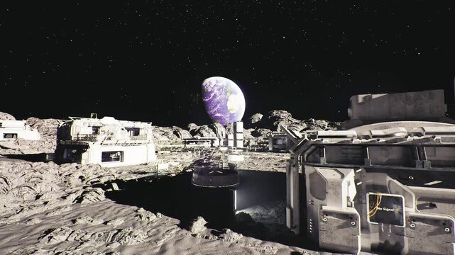 Lunar transport hub with rover fleet and service bays, loading pads and maintenance corridors, charging stations and telemetry arrays coordinating sortie