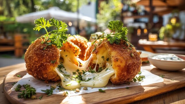  Czech crispy golden fried cheese with perfectly melted cheese stretching from the cut, homemade tartar sauce, fresh parsley