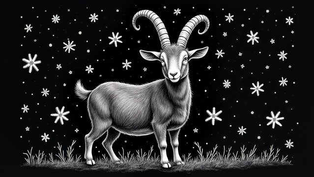 hand-drawn chalkboard illustration of a goat with festive doodles, snowflakes and stars, white chalk lines on dark background, cozy rustic Christmas menu style