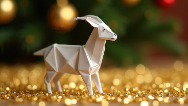 Paper-folded origami goat standing on a bed of gold glitter, Christmas tree blurred in the background