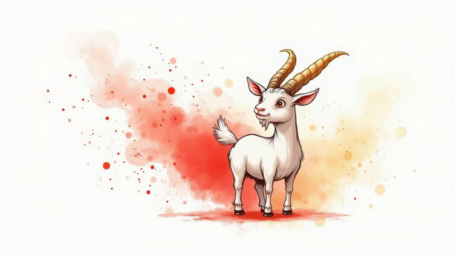 Watercolor and ink goat sketch with splashes of festive red, elegant East Asian New Year style