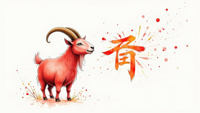 Watercolor and ink goat sketch with splashes of festive red, elegant East Asian New Year style