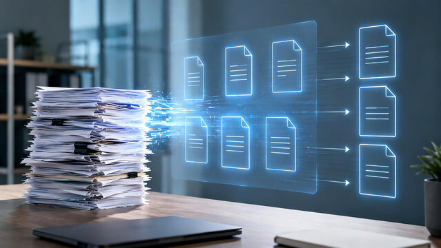 Stack of paper documents converting into organized digital records with AI technology