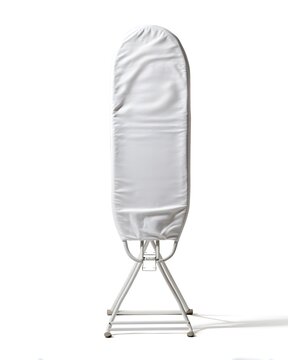 Simple foldable ironing board with fabric cover, household item isolated on white background