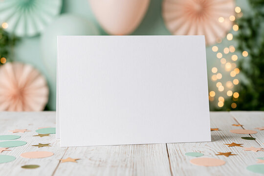 Blank White Greeting Card Mockup On Wooden Table With Festive Pastel Party Bokeh