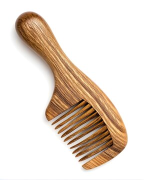 Simple wooden hair pick comb showcasing natural grain texture, grooming accessory isolated on white background
