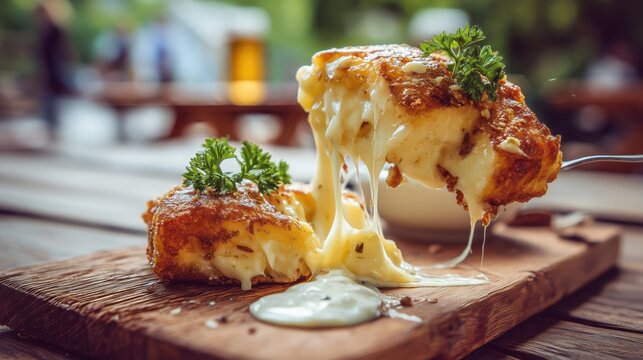  Czech crispy golden fried cheese with perfectly melted cheese stretching from the cut, homemade tartar sauce, fresh parsley