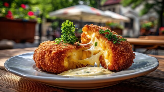  Czech crispy golden fried cheese with perfectly melted cheese stretching from the cut, homemade tartar sauce, fresh parsley