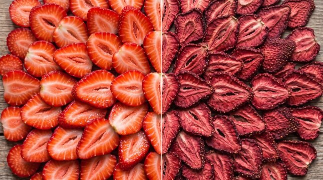 Overhead View of Fresh and Dehydrated Sliced Strawberries.
