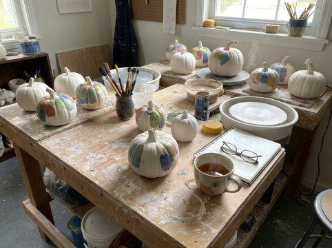 Hand painted ceramic pumpkins in an artist's pottery studio, surrounded by brushes, clay tools, sketchbook and tea, creating a cozy autumn and Halloween atmosphere.