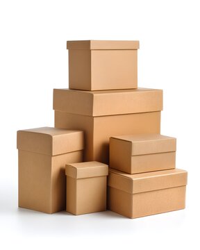 Stack of plain cardboard shipping boxes in different sizes, logistics packaging isolated on white background