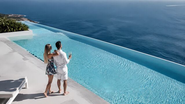 High angle rear view of a young couple standing beside a luxury infinity pool overlooking the vast blue sea, with a blonde woman in a floral dress and a man in white holding a wine glass