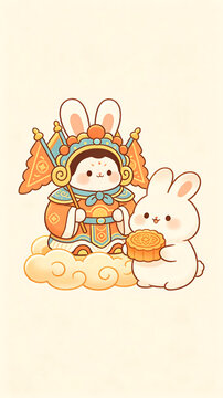 Cartoon character and rabbit sitting on cloud holding mooncake
