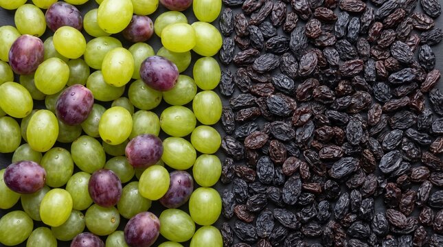 Fresh Green and Purple Grapes Compared to Dehydrated Raisins