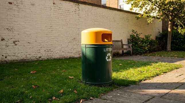 Public refuse bin with a bright top positioned on green turf near painted brick surfaces in afternoon sun
