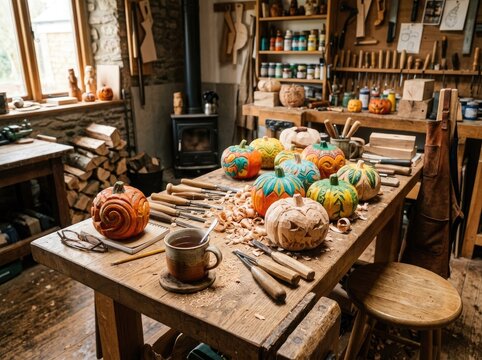 Rustic woodcarving workshop with colorful carved pumpkins, hand tools, wood shavings, and warm autumn atmosphere, showcasing traditional craftsmanship and Halloween creativity.