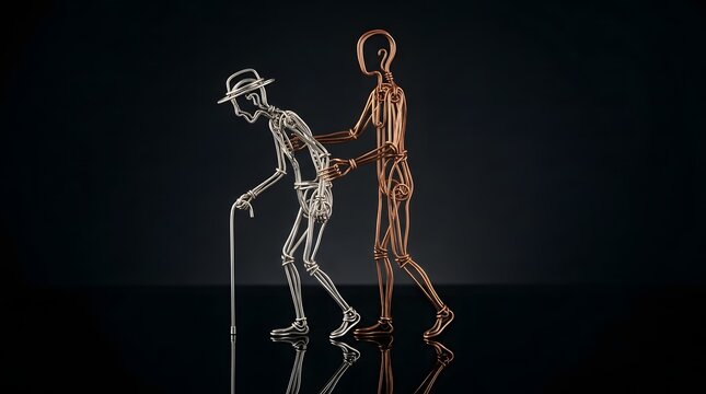 Wire figures of a caregiver helping an elderly person walk with a cane on black background
