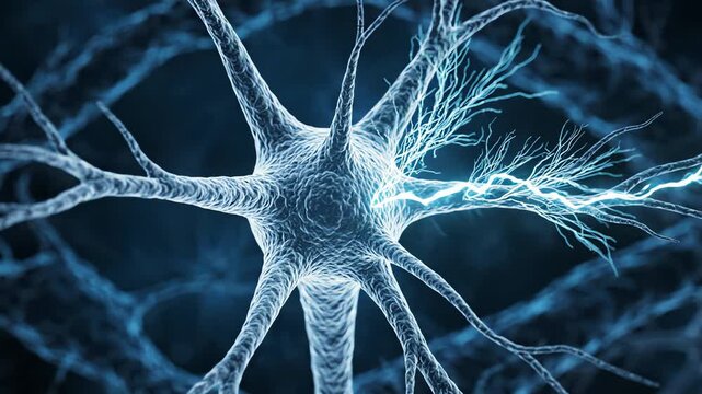 Healthy human neuron with a stable cell body and clearly defined dendrites, the neuron remains structurally consistent while subtle electrical activity moves gently along the neural branches