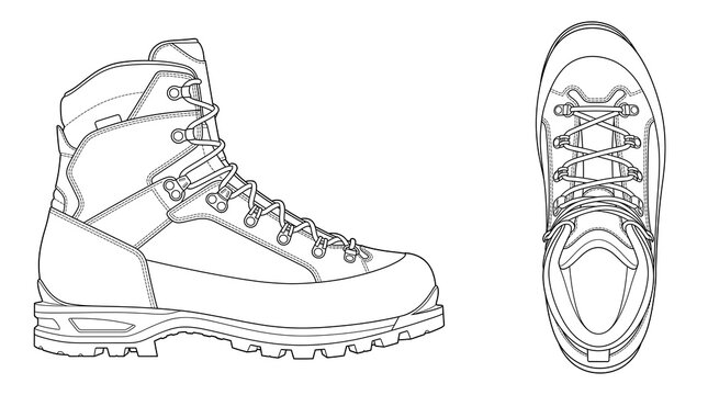 Vector illustration of a durable hiking boot, showcasing its robust design, intricate lacing system, and rugged sole, perfect for mountaineering and outdoor trekking
