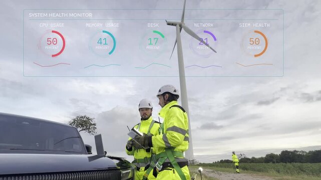 Wind turbine technicians monitor digital system data during field maintenance, combining renewable energy engineering, smart diagnostics and technology for efficient power infrastructure operation.