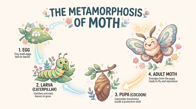 An enchanting illustrated guide detailing the complete metamorphosis of a moth, vividly showcasing its life cycle from tiny egg to a beautiful adult creature