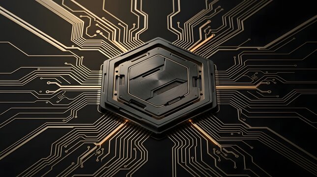 Futuristic semiconductor chip on a complex motherboard circuit board background.