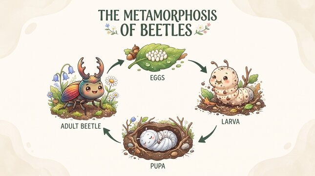 Cute educational vector illustration of a beetle life cycle showing the metamorphosis stages from eggs, larva, and pupa to adult insect
