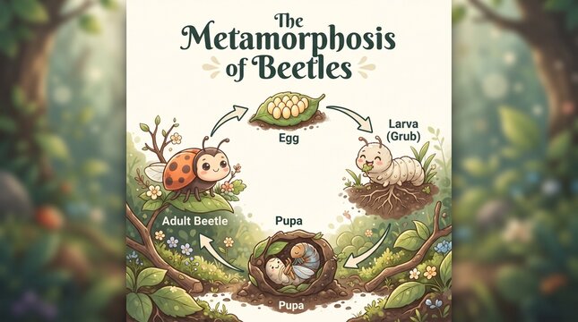 Whimsical illustration of the complete beetle life cycle, showing its metamorphosis from egg, larva, pupa, to a vibrant adult insect in a forest