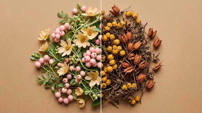 Split view of fresh foraged items and dried autumn botanicals on a flatlay pile.