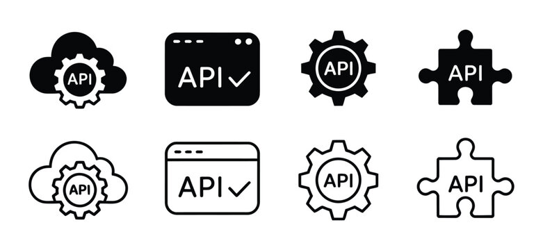 Application programming interface API icons set, line and solid gear cloud puzzle symbol for software integration, web development, and cloud tech.