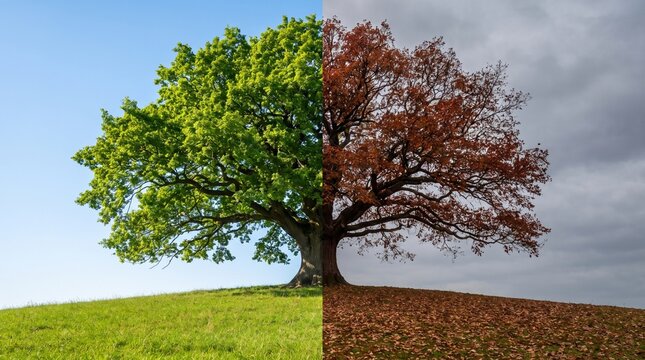 Split Oak Tree Representing Seasonal Change and Environmental Contrast