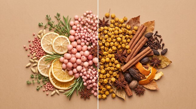 Split View of Autumn Spices, Berries and Warming Ingredients