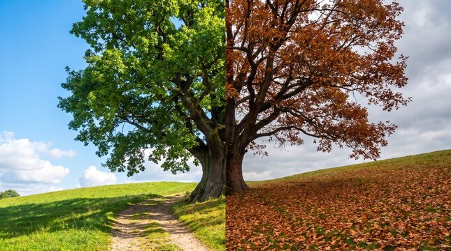 Split Oak Tree Showing Summer and Autumn Seasons Transition