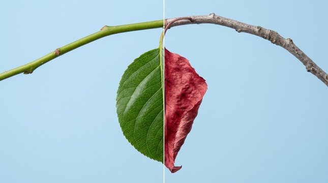 Split Tree Branch with Green and Red Leaf Showing Seasonal Change