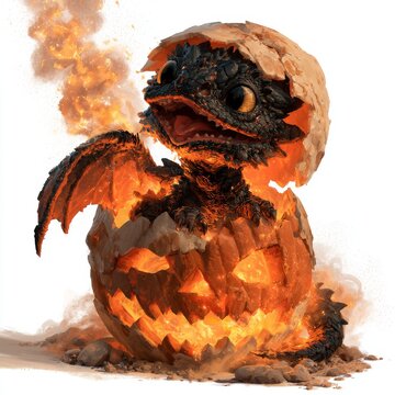 Cute baby dragon hatching from a glowing Halloween jack-o-lantern pumpkin on white background