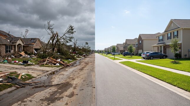 Split View Showing Disaster Damage and Clean Suburban Neighborhood