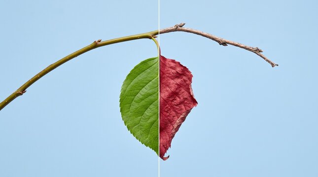 Single Leaf Split Green and Red on Branch Against Blue Sky