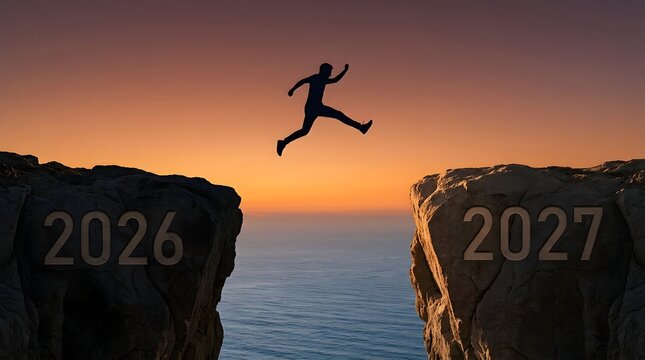 Person jumping over chasm between 2026 and 2027 cliffs at sunset for new year transition