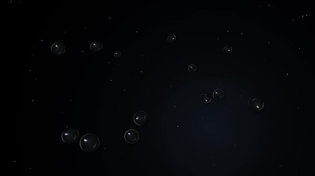 Floating transparent bubbles rising through deep dark liquid background with subtle ambient soft lighting effects with collection translucent spherical rising vertically