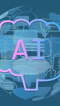 Animation of ai data processing over globe with ai icons